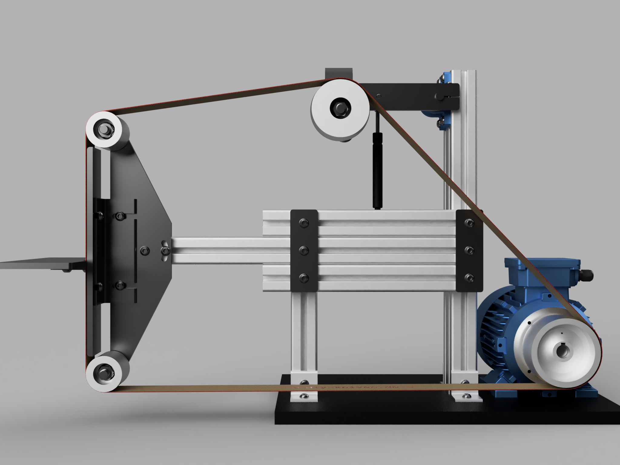 Seitnansicht Bandschleifmaschine für 50x2000 Schleifbänder zum Messermachen. Gebaut aus Alu-Profilen, ohne Schweißen.